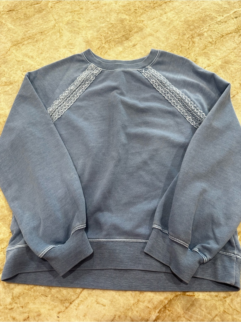 Washed Blue Girl’s Pullover Sweatshirt with Lace Trim
